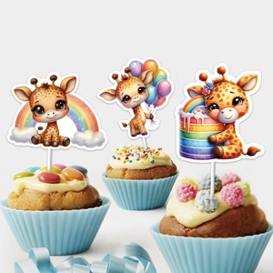 Three cute cartoon giraffe cake toppers with rainbow and balloon on cupcakes