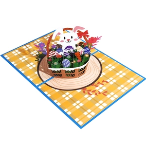 3D pop-up Easter greeting card featuring a cute rabbit with colorful eggs in a flower basket
