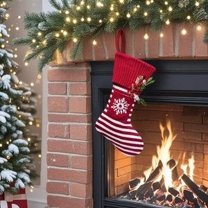 Détail d'une chaussette de Noël tricotée avec broderie suspendue près d'une cheminée