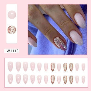 Pink almond press-on nails set with solid jelly finish and sparkly glitter accents