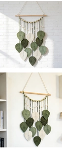 Detailed close-up of handmade macramé wall hanging with green leaf patterns and daisies
