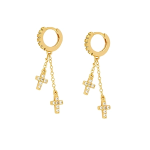 Golden S925 sterling silver hoop earrings with zircon-set cross pendants on double chains