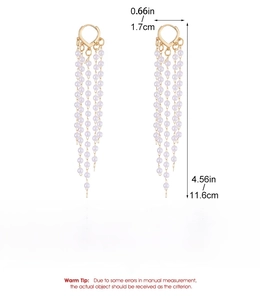 Detail view of gold pearl tassel earrings with precise measurements and 11.6cm length
