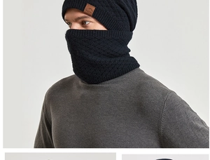 Detail of black winter knit beanie and neck warmer with mountain logo leather patch