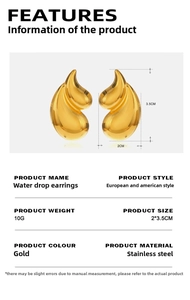 Detailed size specifications of gold teardrop earrings with stainless steel dimensions