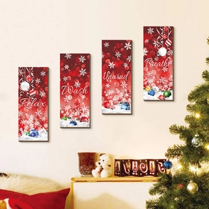 Set of 4 red wooden Christmas hanging signs with festive snowflake and snowman designs