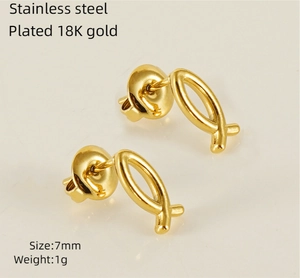 Detail view of 18K gold plated minimalist earrings featuring a 7mm cross loop design