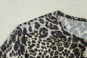 Close-up of leopard print mesh fabric detail with round neckline on slim long dress
