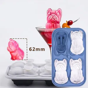 Bulldog Shape Silicone Ice Cube Mold With Funnel Lid Flexible Reusable Animal Shaped Tray For Whiskey Cocktail Drinks