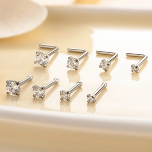 Set of 8 silver stainless steel nose studs with round clear cubic zirconia stones