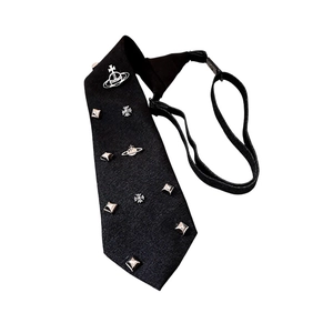 Black fabric tie necklace with silver Saturn emblem and metallic stud accents for women