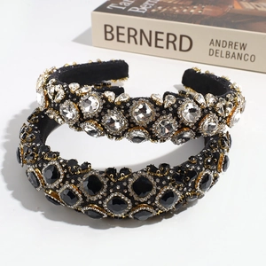 Luxury rhinestone headbands in black and clear crystals with gold settings for women