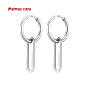 Minimalist silver stainless steel hoop earrings with oval paperclip dangle charms