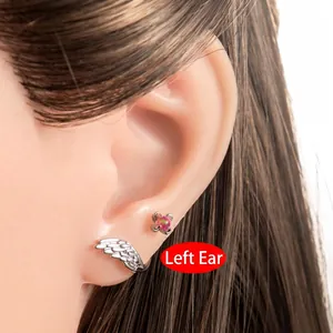 Silver wing ear cuff and pink iridescent bead stud earring set for women's left ear
