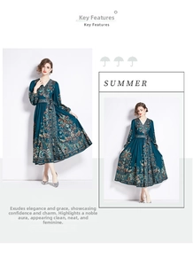 Detail of V-neck paisley print dress with waist tie and elegant elasticated sleeves