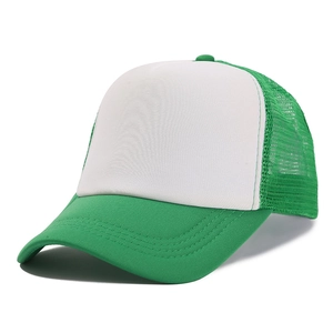 Detail of green mesh breathability and white foam panel on a classic trucker hat