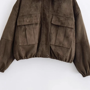 Deep brown suede bomber jacket with large utility pockets and elasticated hemline