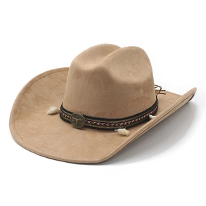 Beige suede western cowboy hat with ethnic braided band and metal bull head emblem