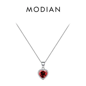 Classic S925 sterling silver necklace featuring a heart-shaped red zircon pendant
