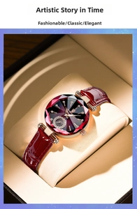 Detailed view of women's quartz watch with burgundy leather strap in a beige gift box
