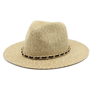 Flat brim straw hat with black leather and gold chain band for beach sun protection