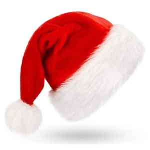 Classic red plush Christmas hat with white faux fur trim and pompom for festive party
