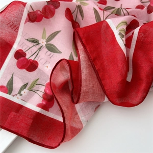 Pink cotton linen square scarf with red cherry prints and artistic letter detail