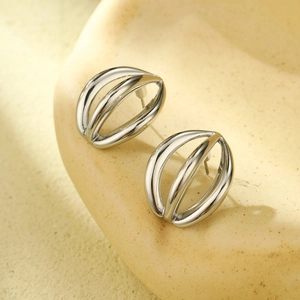 French vintage style 18K silver hollow layered geometric stud earrings for women