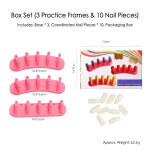 Nail art practice stand set with three pink bases and ten white nail tips for display