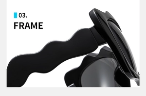 Close-up of trendy wave-shaped black temple and frame detail on Y2K cat eye sunglasses