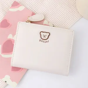 Cute cream leather short wallet with brown bear pattern and Hello text engraving