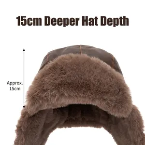 Brown PU leather aviator hat with 15cm depth and thick plush lining for winter warmth