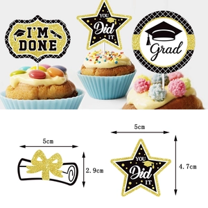 18pcs Black and Gold Glitter Graduation Cupcake Toppers with Grad Cap and Scroll Designs