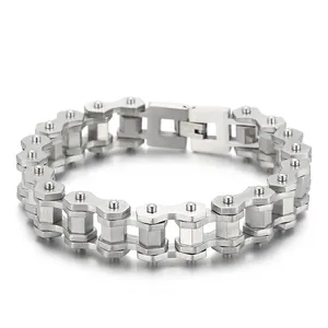 Men Stainless Steel Motorcycle Chain Bracelet Industrial Mechanical Punk Style Heavy Link Jewelry Silver Tone