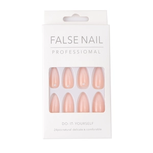 Long almond press-on nails in nude pink with delicate pearl accents and 24-piece set