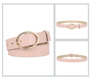 Detailed view of pink leopard print PU leather belt with golden oval buckle closure