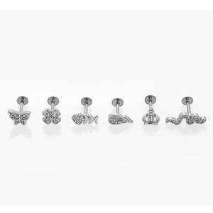 Detailed set of silver stainless steel labret studs with crown and feather shapes