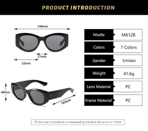 Detailed technical dimensions and size specifications for oval cat-eye sunglasses M6128