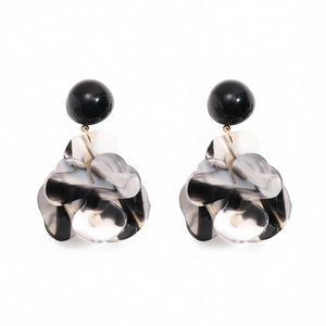 Elegant black and white marble resin flower drop earrings with golden metal links