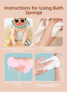 Detailed guide showing usage steps of the pink fish-scale textured soft bath sponge