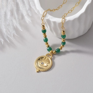14K gold-plated evil eye coin pendant necklace with bohemian emerald green beads