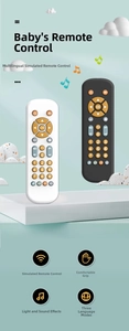 Detail view of baby toy remote control buttons showing multi-language mode switch