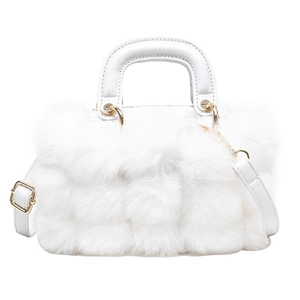 Elegant white faux fur handbag with matching top handle and gold-tone metal hardware