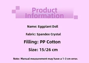 Detail specifications of eggplant plush toy made of soft spandex and eco-friendly PP cotton