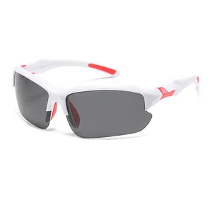 White semi-rimless sports sunglasses with red accents and polarized grey lenses