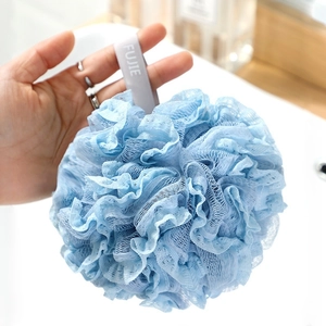 Blue mesh bath sponge ball with hanging rope for gentle body exfoliation and rich lather