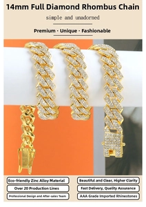 Detailed view of 14mm gold-plated rhombic Cuban chain with AAA rhinestones and safety clasp