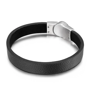 Men's black braided leather bracelet with a polished 316L stainless steel clasp