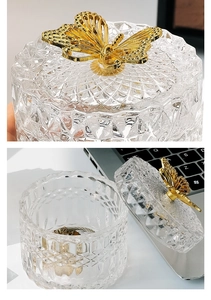 Macro view of a retro relief glass storage jar featuring a golden butterfly handle lid