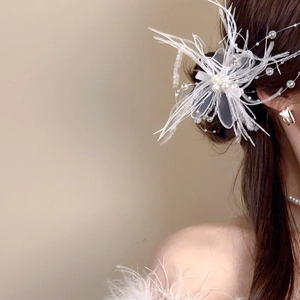 Détail de la pince à cheveux en plumes blanches avec perles et cristaux sur le profil